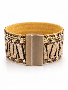 Boho Tiger Print Magnetic Wrap Bracelet | Mixed Metal Gold Multi Strand Cuff NWT